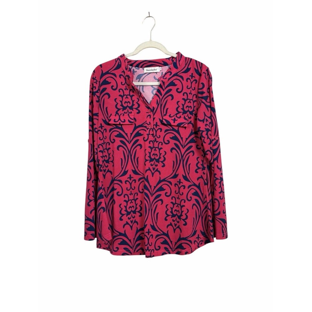 Nandashe Womens Sz L Purple Navy Tunic Blouse Danask Style Print Long Sleeve